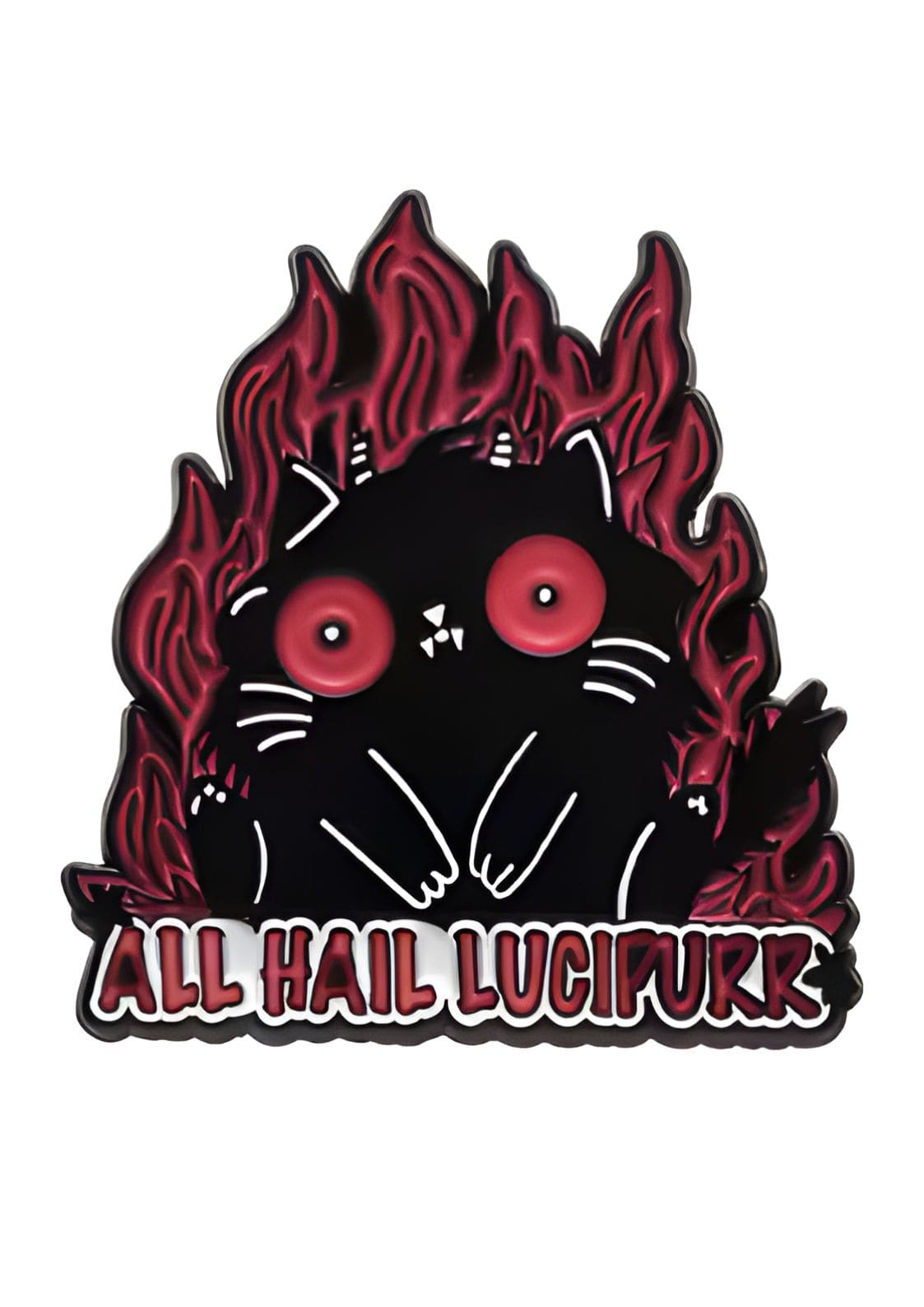 Schwarzes Katzen-Enamelpin mit roten Flammen und Augen, »Huldigt Lucifurk«-Text.