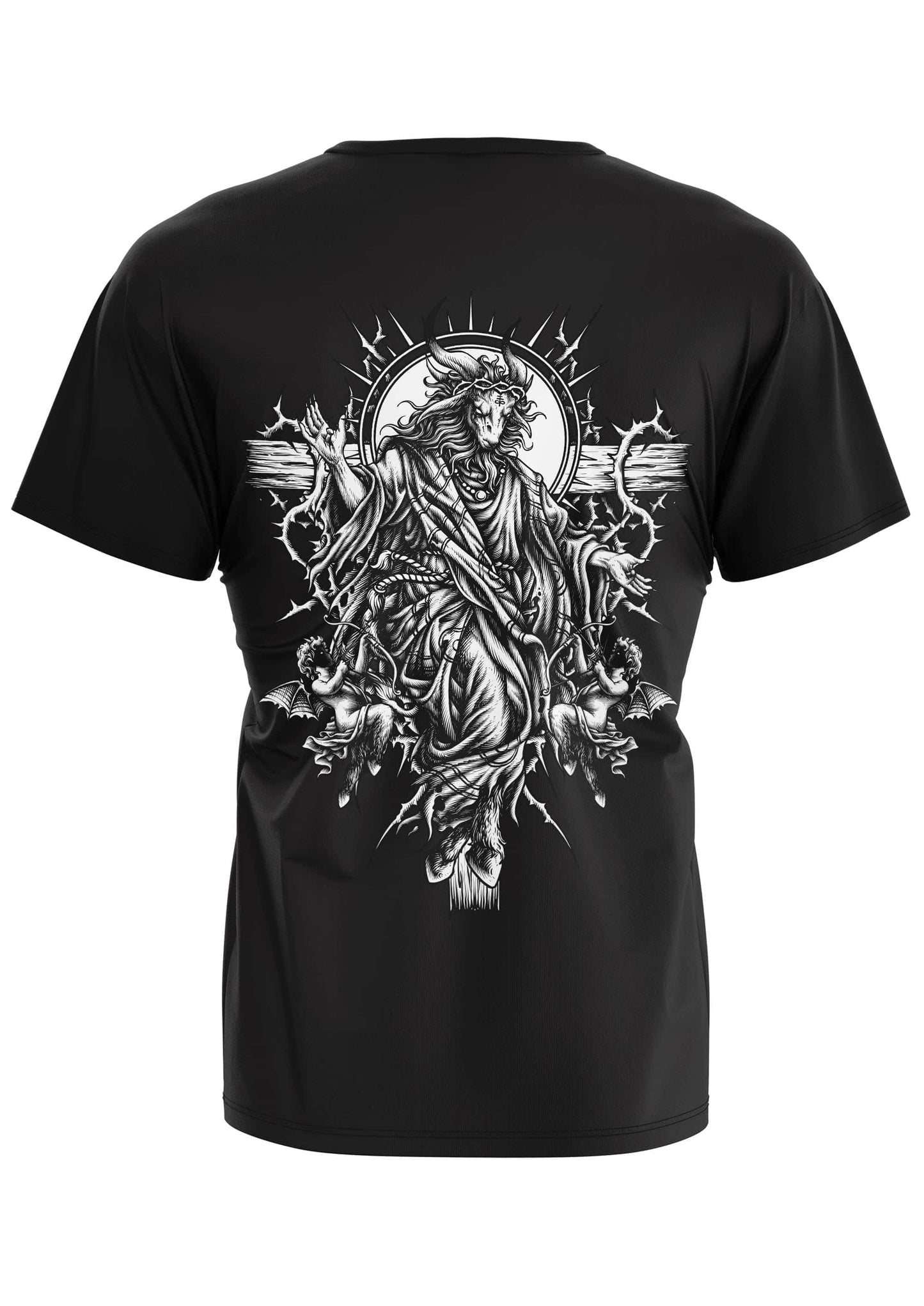Schwarzes gothic bitte t-shirt mit detailliertem schwarz-weiß grafikdruck eines gekrönten, gehörnten almitähnlichen rückprints
