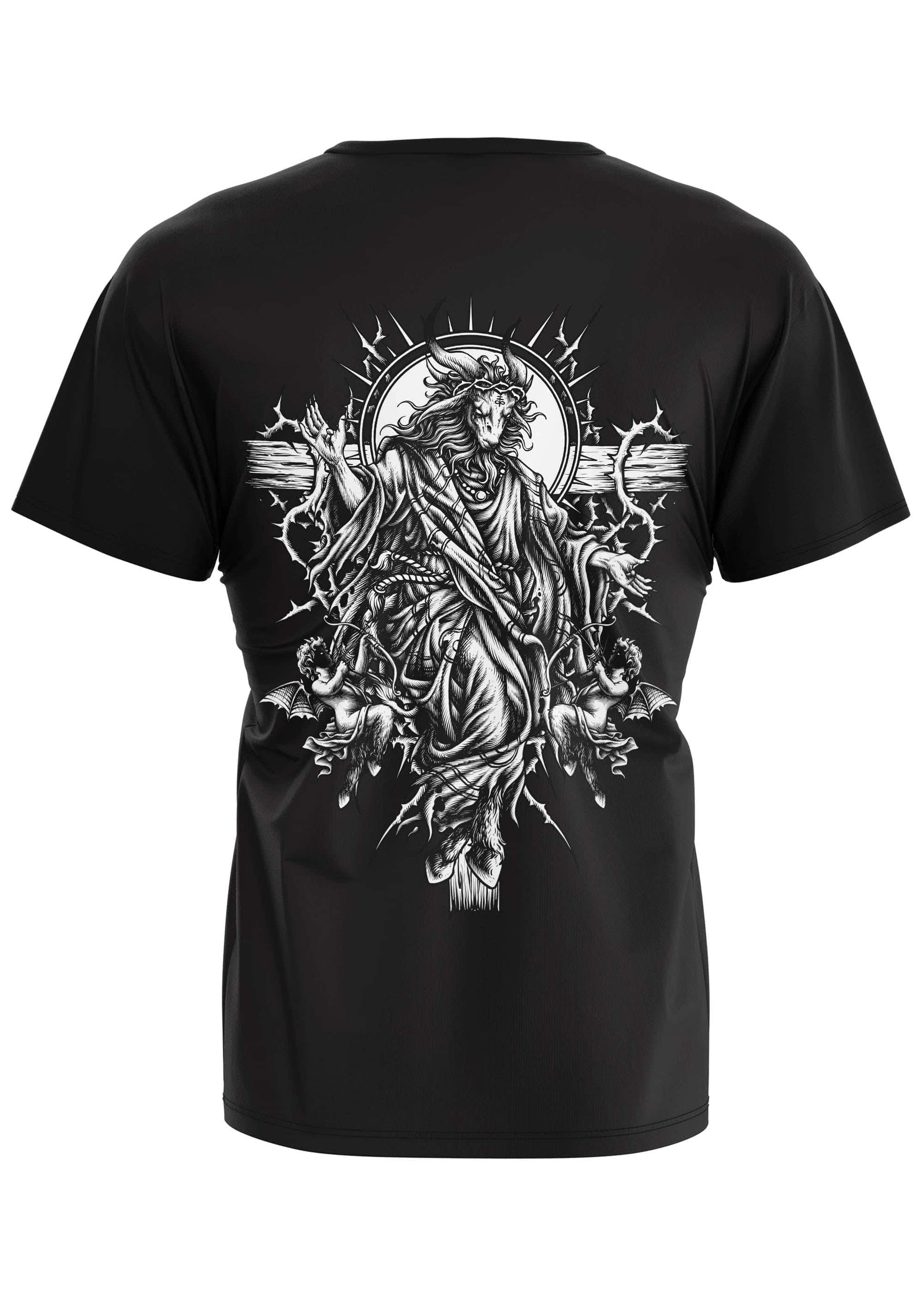 Schwarzes gothic bitte t-shirt mit detailliertem schwarz-weiß grafikdruck eines gekrönten, gehörnten almitähnlichen rückprints