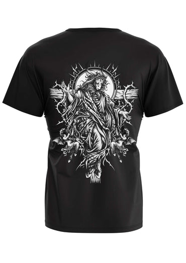 Schwarzes gothic bitte t-shirt mit detailliertem schwarz-weiß grafikdruck eines gekrönten, gehörnten almitähnlichen rückprints