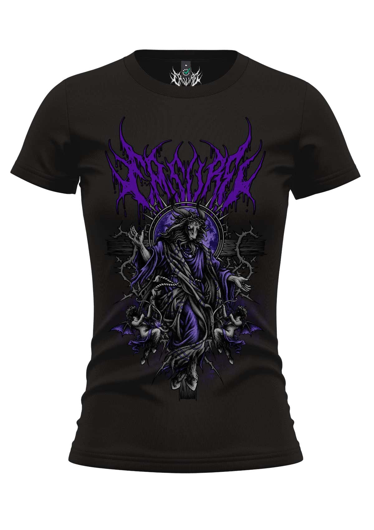 Schwarzes almighty colored girlie t-shirt mit detailliertem lila schwarzem grafikdruck eines dämonischen wesens umgeben von dornen und cherubs