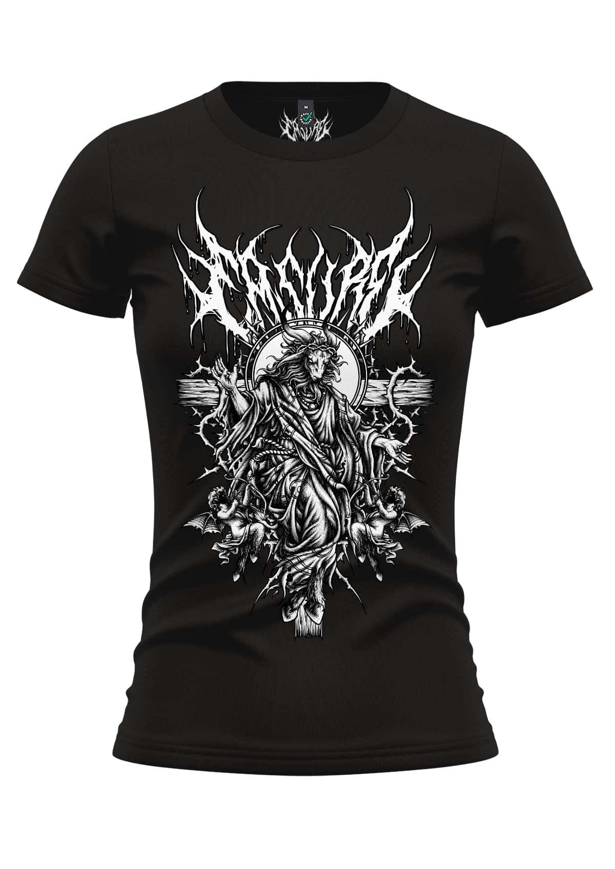 Schwarzes almighty girlie shirt mit detailreicher gothischer grafik von figur mit dornen und engeln