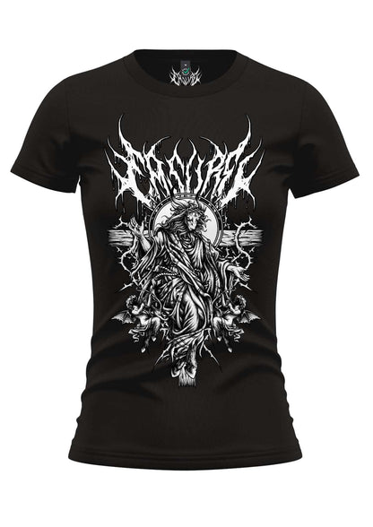 Schwarzes almighty girlie shirt mit detailreicher gothischer grafik von figur mit dornen und engeln