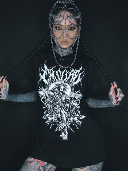 Schwarzes langarmshirt almighty mit weißem gotischem design allmächtige flammen und engelmotiven