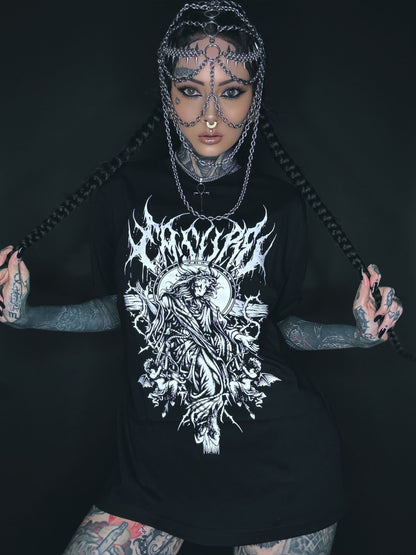 Schwarzes T-Shirt mit weißer Grafik.