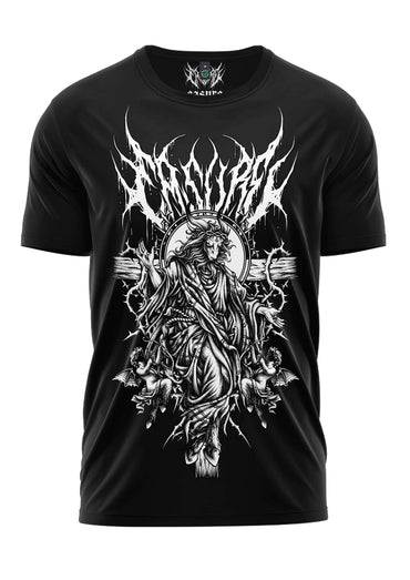 Schwarzes kurzarmshirt almighty mit weißem grafikdruck eines allmächtigen dämonenflügelmotivs und cherubim