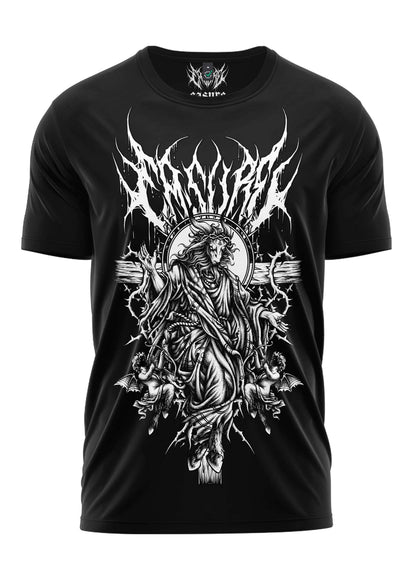 Schwarzes kurzarmshirt almighty mit weißem grafikdruck eines allmächtigen dämonenflügelmotivs und cherubim