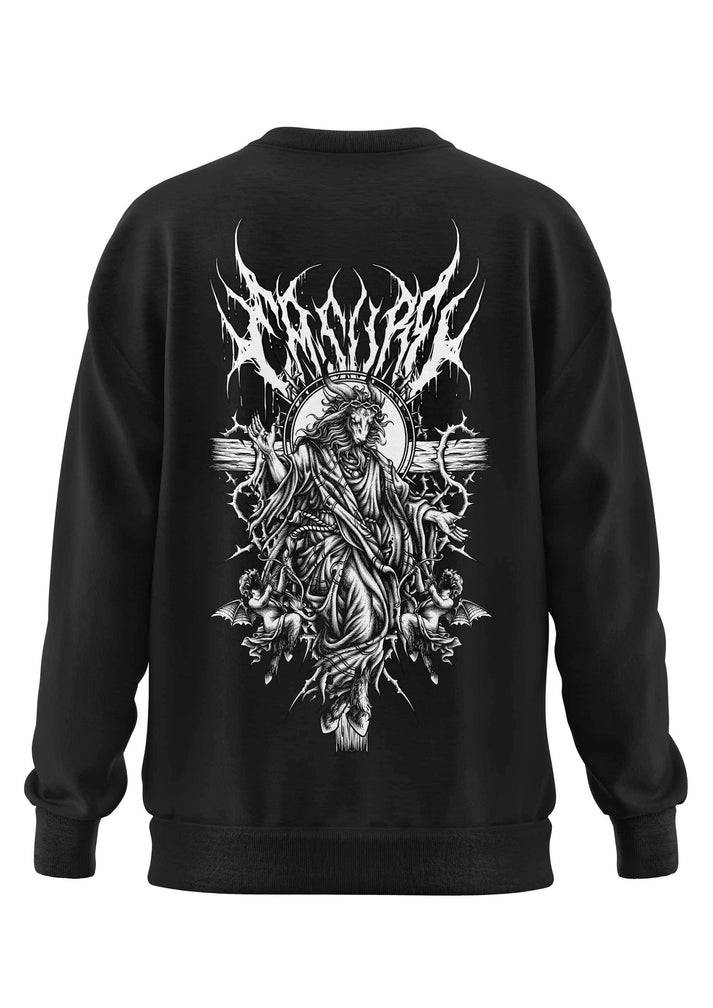 Schwarzes Almighty schweres unisex-sweatshirt aus recyceltem polyester mit weißem grafikdruck eines gekrönten flügelwesens und engeln