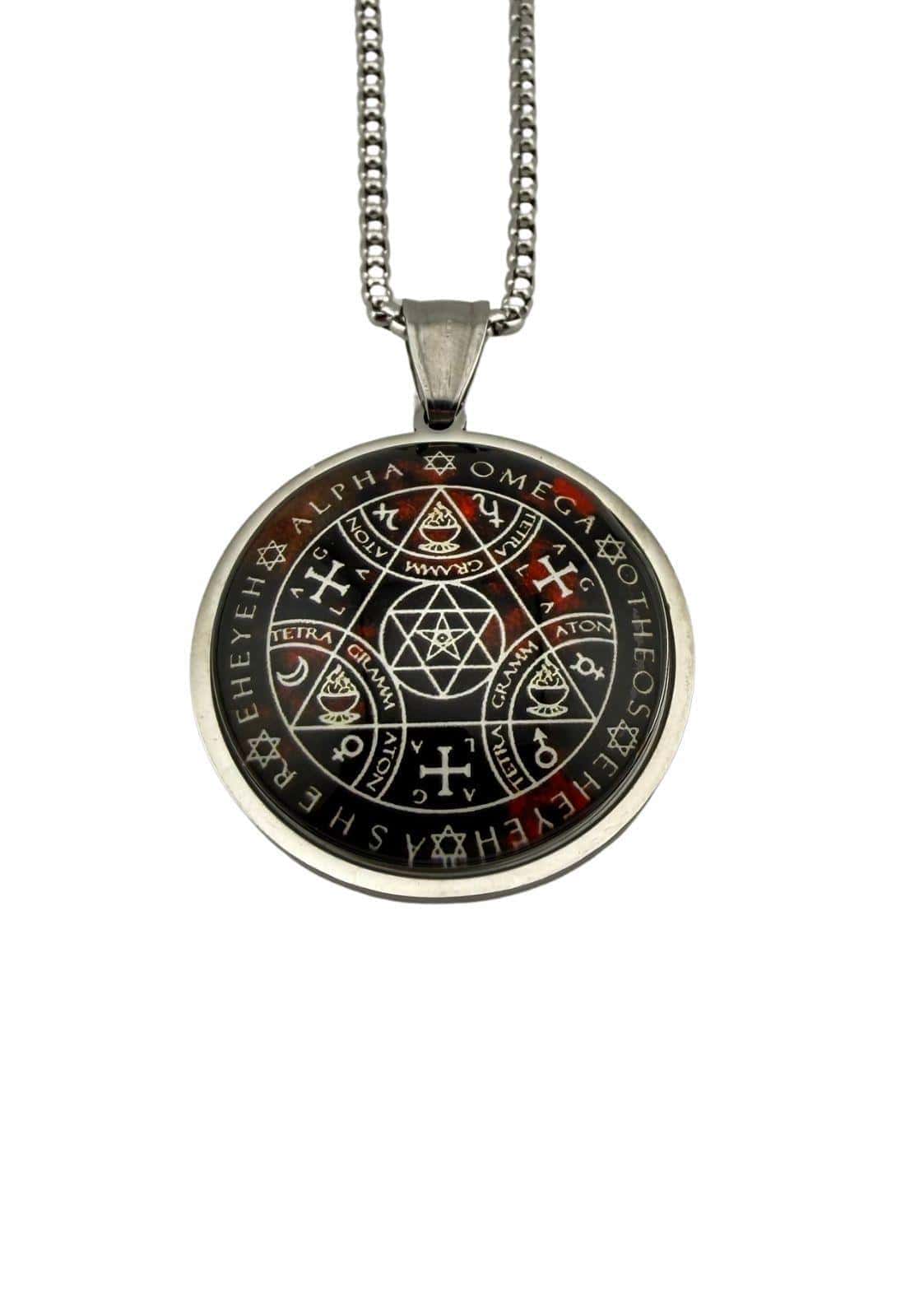 Alpha omega silver halskette mit silbernem rundanhänger und schwarzem rotem sigil für gothic kleidung und horror fans