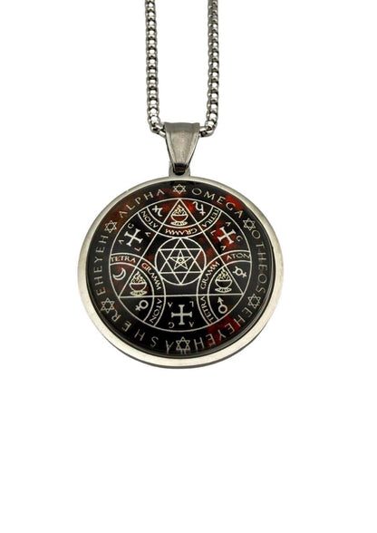 Silver-toned alpha omega silver halskette mit schwarzem und rotem okkultem sigil, gothic kleidung geeignet