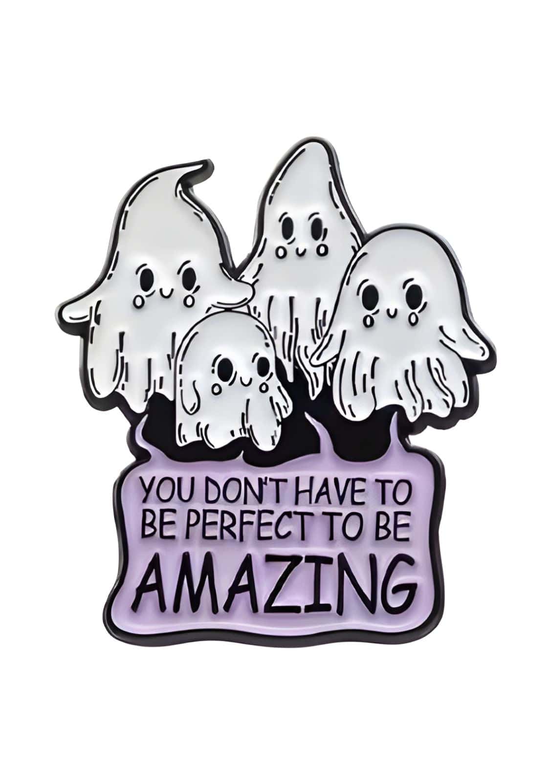 Lavendel-Geist-Anstecknadel mit weißen und schwarzen Akzenten, mit einem motivierenden Zitat.