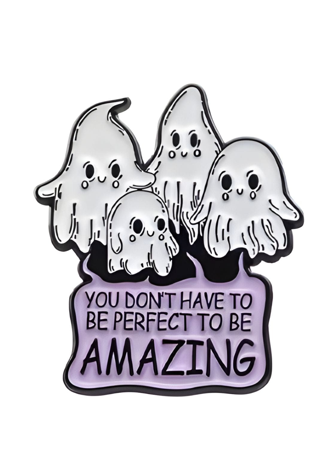 Lavendel-Geist-Anstecknadel mit weißen und schwarzen Akzenten, mit einem motivierenden Zitat.