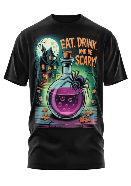 Schwarzes Kurzarm-T-Shirt mit einer Halloween-Grafik.