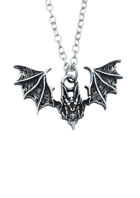 Silberne Fledermauskette mit detailliertem Flügel- und Kopfdessign.