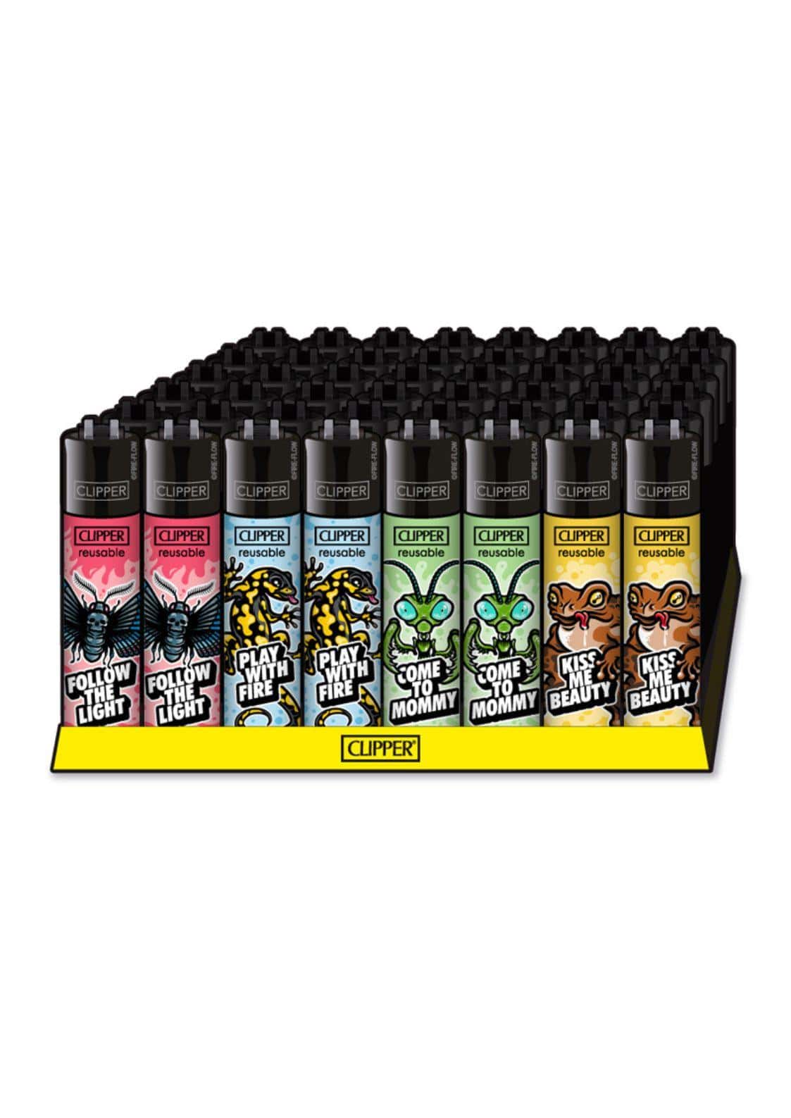 Ein set aus bunten wiederverwendbaren clipper feuerzeugen mit cartoon insekten ideal für gothic horror fashion fans