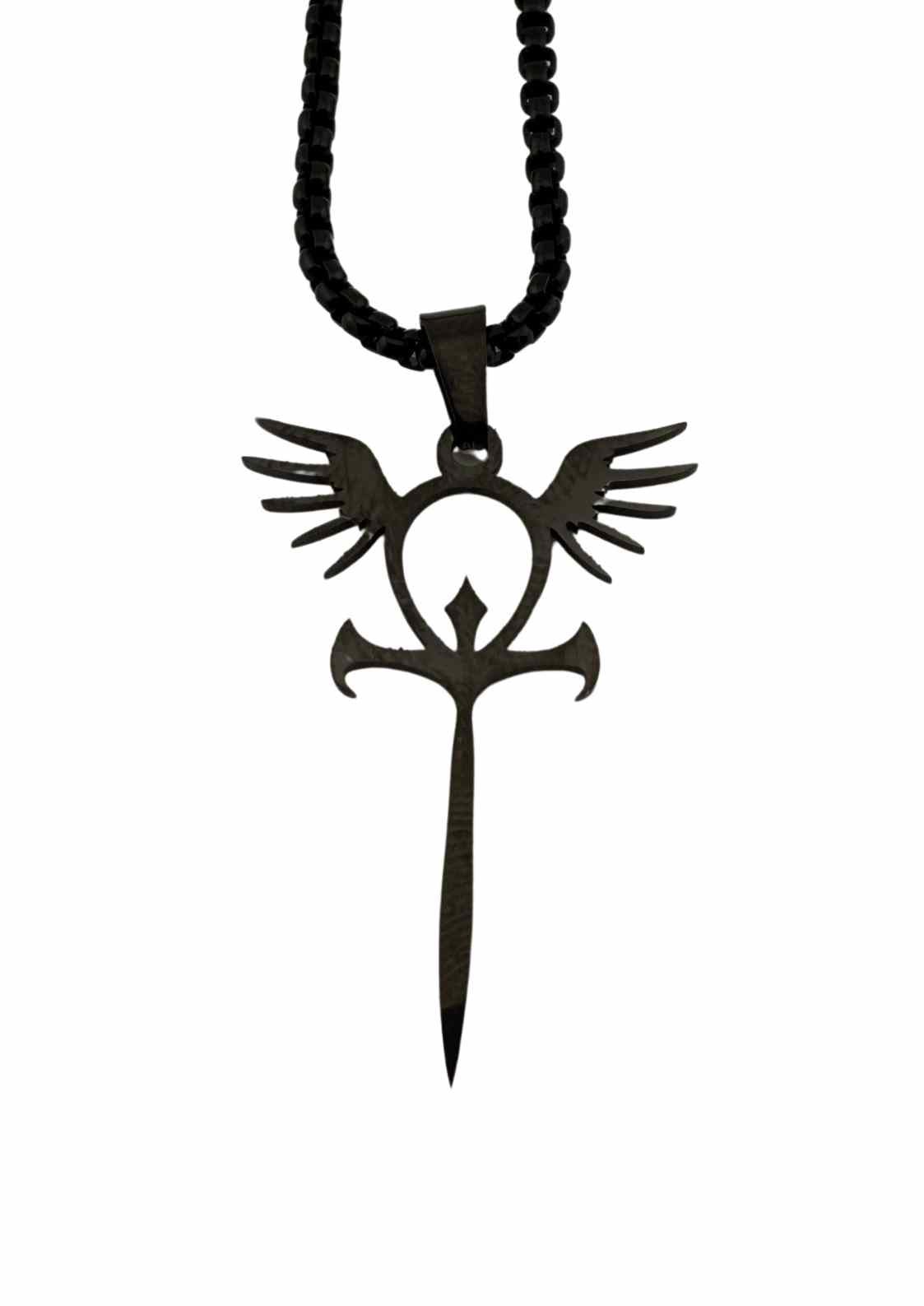 Schwarze Ankh-Halskette mit Flügeln.