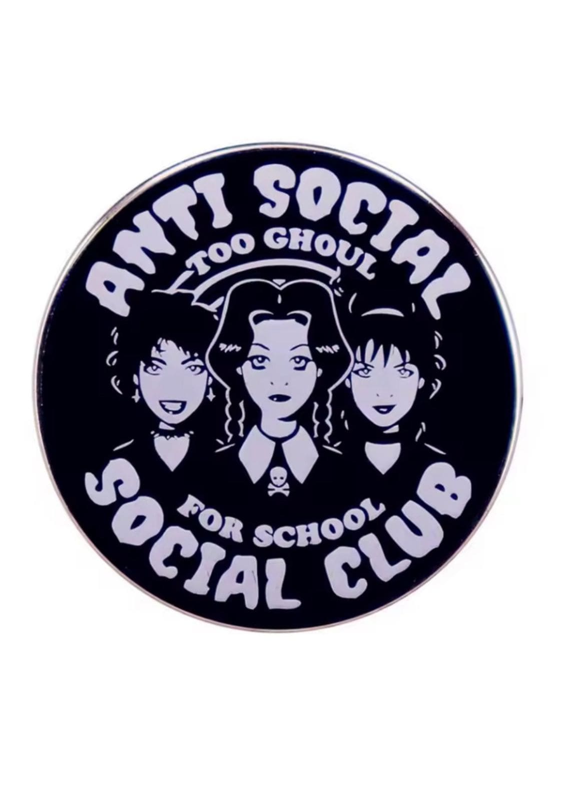 Runder Pin mit drei Gothic-Mädchen.