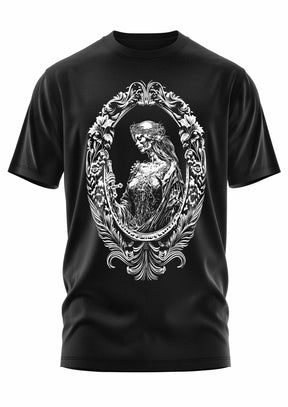 Schwarzes Gothic-Metal-T-Shirt mit Skelettfrau in antichristlichem Design