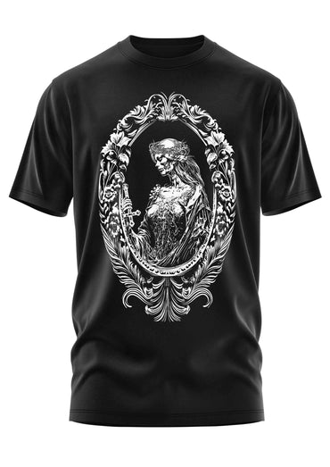 Schwarzes gothic t-shirt mit detailliertem weißen skelett in königlicher kleidung für horror fans