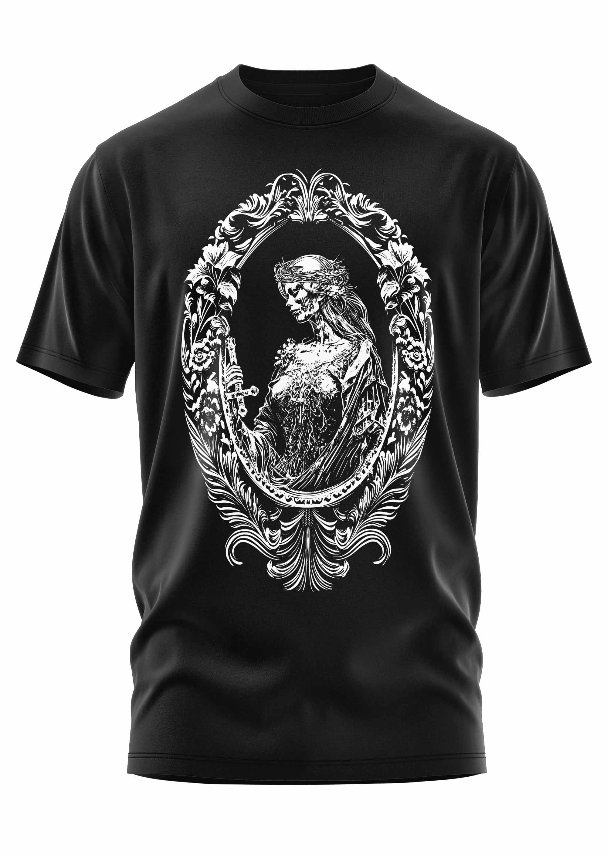Schwarzes Gothic-Metal-T-Shirt mit Skelettfrau in antichristlichem Design