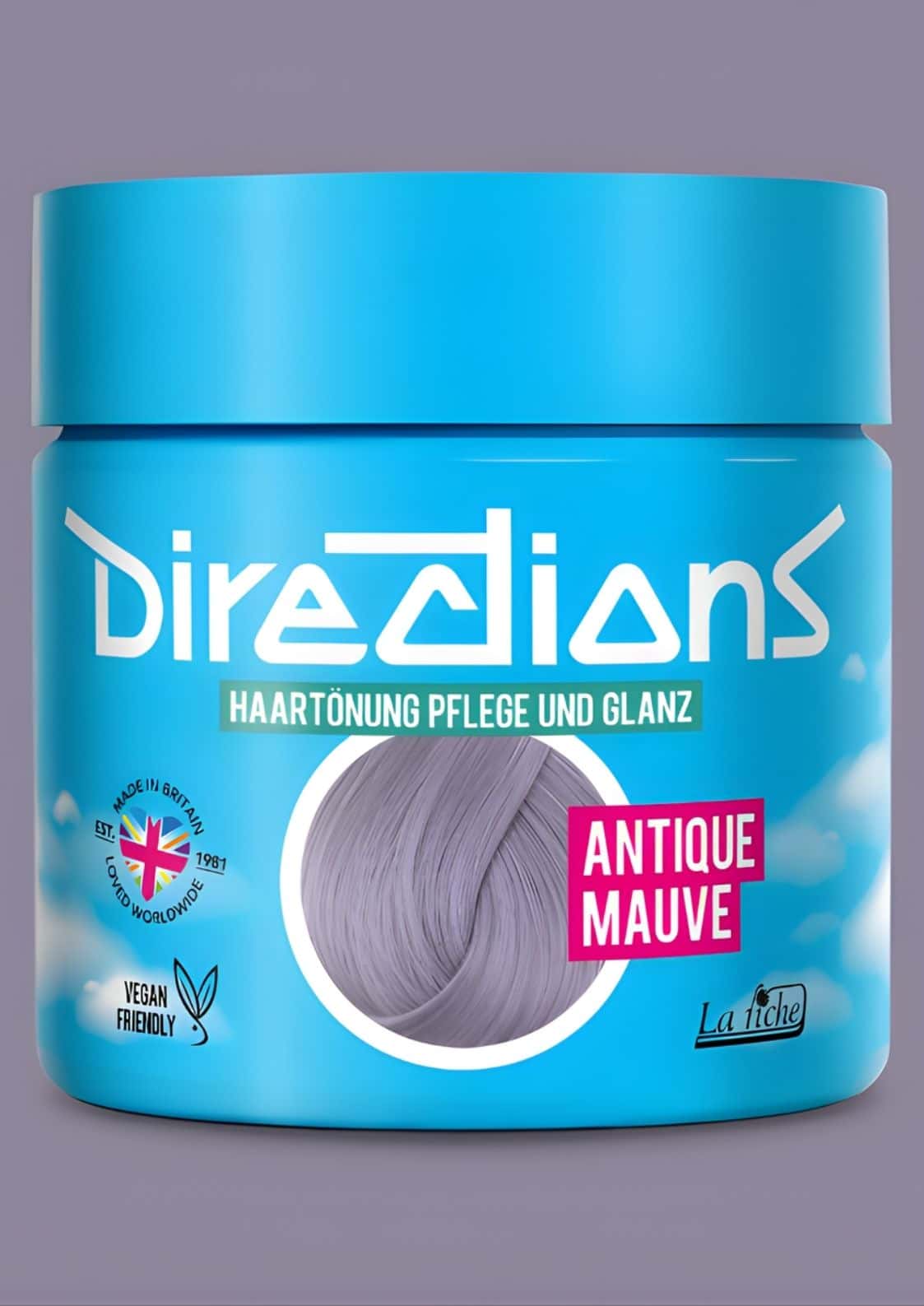 Eine lebendige blaue zylindrische directions haartönung im Farbton antique mauve für semi-permanente haartönung pflege