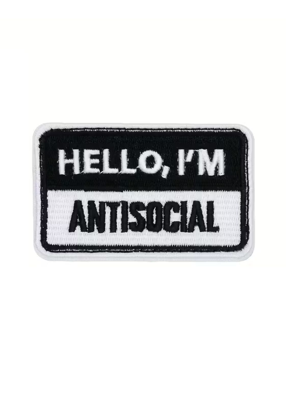 Schwarzer und weißer rechteckiger gestickter Aufnäher.