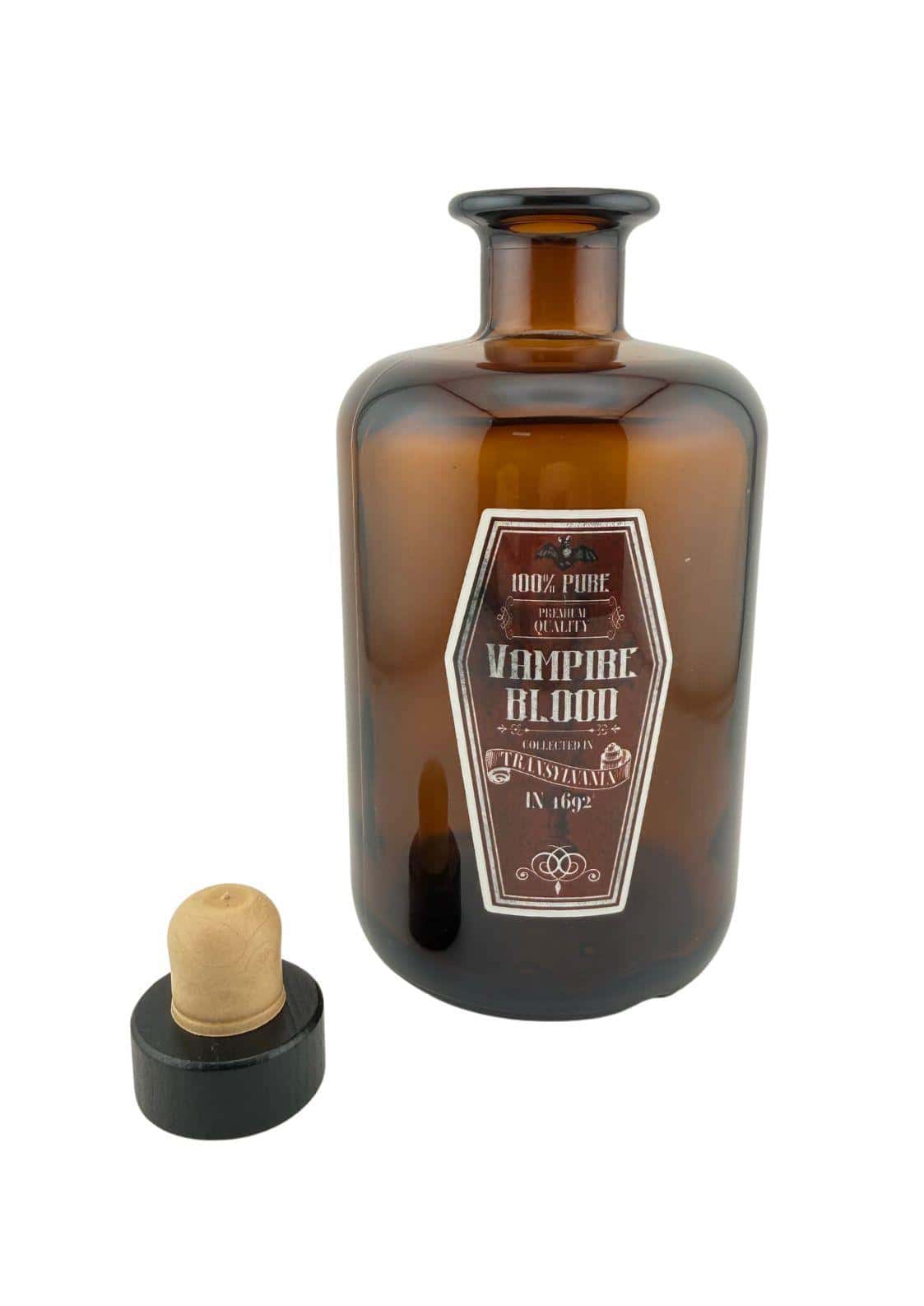 Amber glas apothekerflasche vampire blood 0,5 l mit sechseckigem etikett und schwarzem stopfen