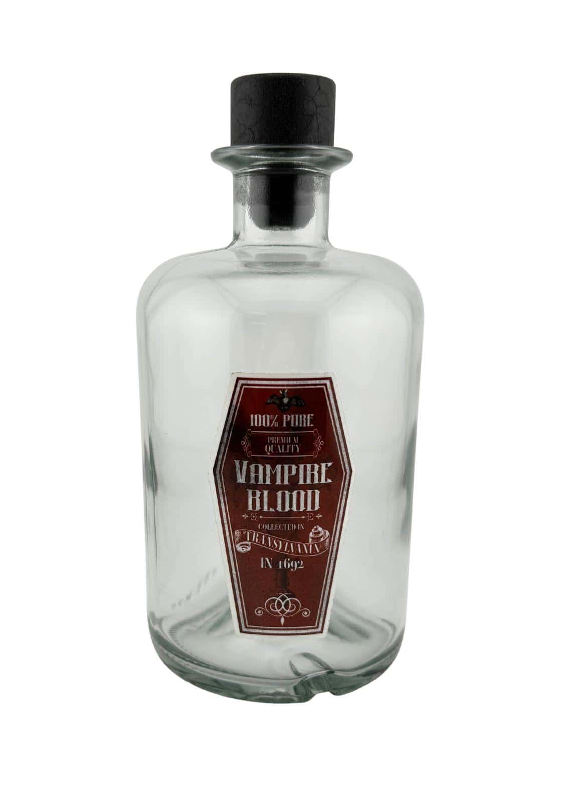 Klar glas apothekerflasche vampire blood 0,5 l mit schwarzem korken und bordeauxfarbenem sechseckigem etikett