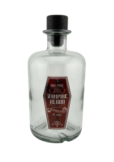 Klar glas apothekerflasche vampire blood 0,5 l mit schwarzem korken und bordeauxfarbenem sechseckigem etikett