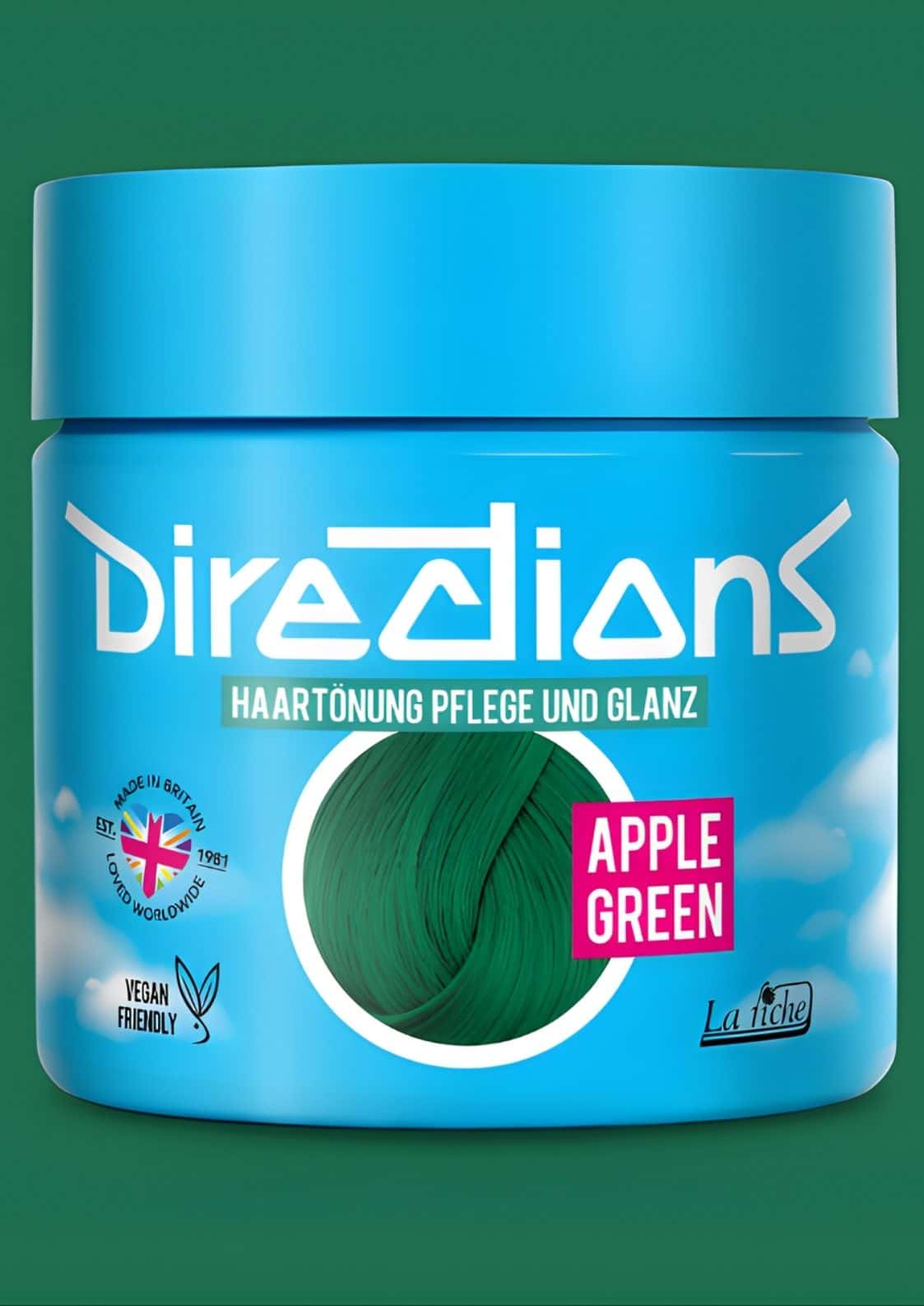 Ein blauer zylinderförmiger jar directions apple green semi-permanente haartönung mit pflegender formel für blondiertes haar