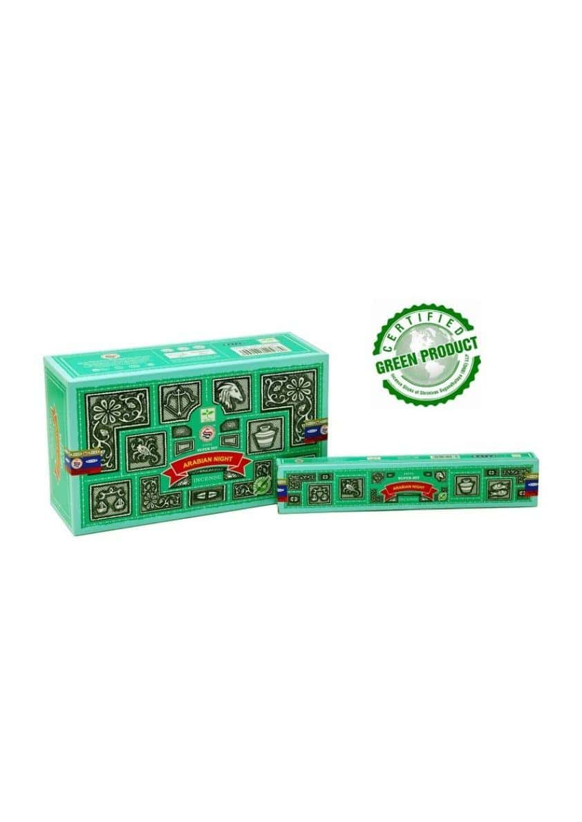 Grüner rechteckiger satya arabian night räucherstäbchen karton mit gothischem horror design und rotem russian night banner