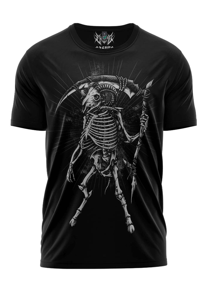 Schwarzes schweres unisex t-shirt mit aries tod grafik eines skelettziegenwesens mit sense und speeren