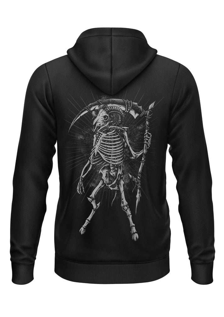 Schwarzer zip-up hoodie mit detailliertem weißen skelett mit hörnern und waffen auf der rückseite aries tod gaia lizenzierte kleidung düsteres statement-teil