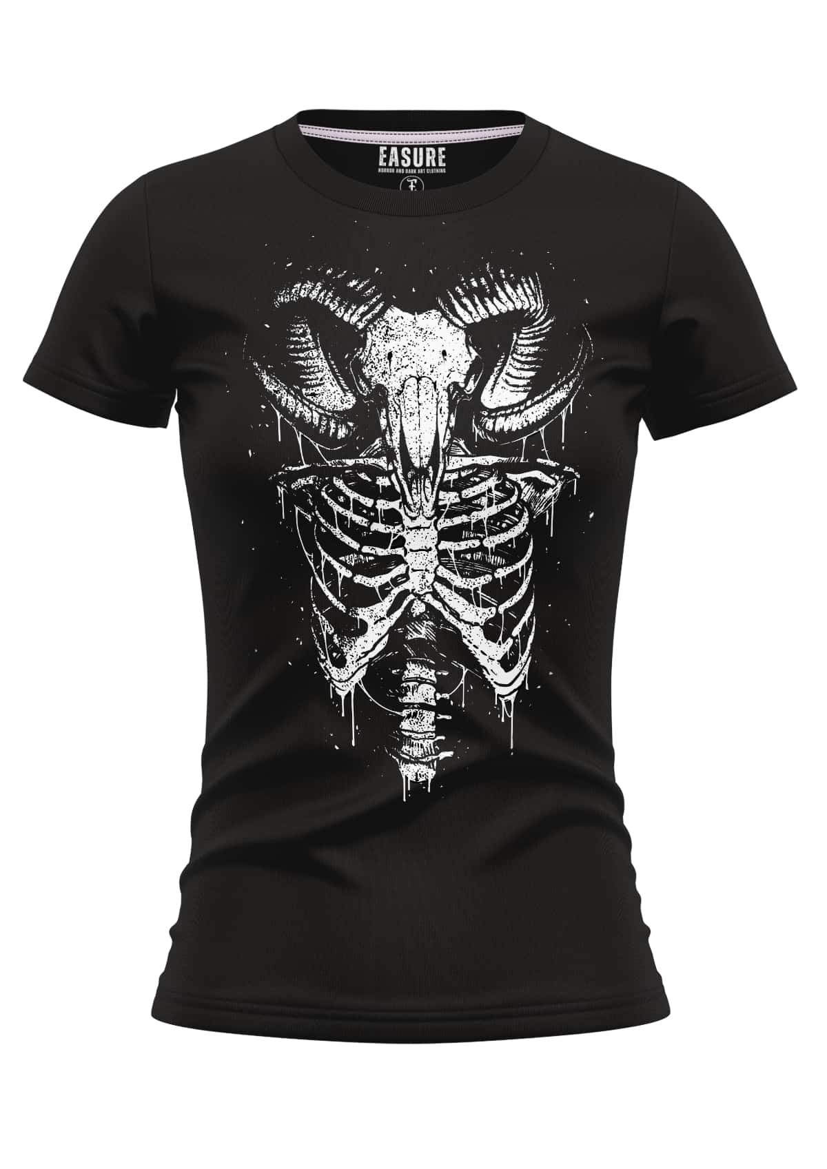 Schwarzes aries girlie t-shirt mit weißem gothic widder-schädel und tropfendem farbeffekt über rippenmotiv