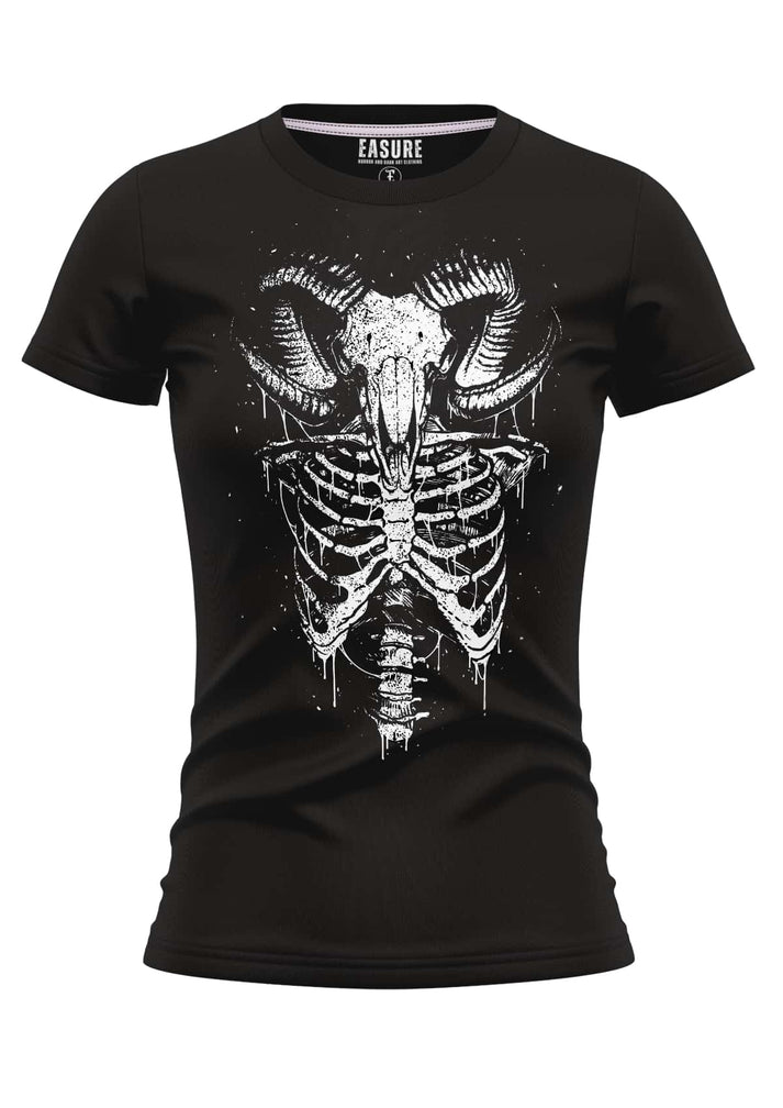Schwarzes aries girlie t-shirt mit weißem gothic widder-schädel und tropfendem farbeffekt über rippenmotiv
