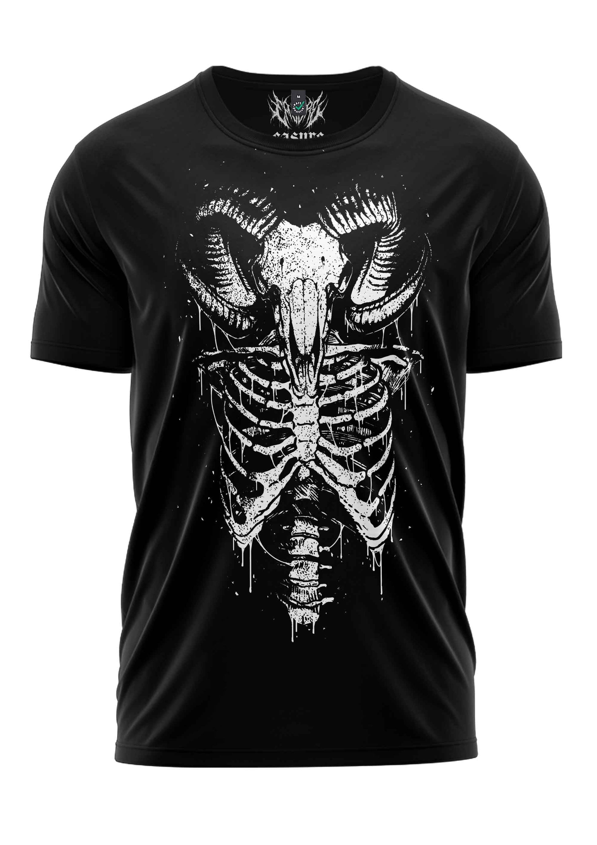 Schwarzes T-Shirt mit weißem Skelett-Design, das Hörner und tropfende Knochen zeigt.