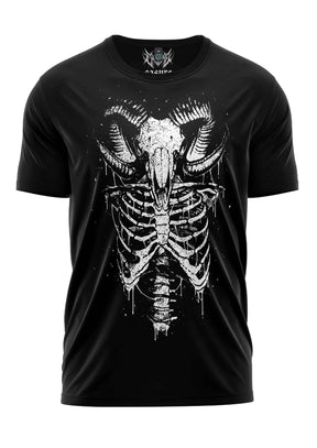 Schwarzes T-Shirt mit weißem Skelett-Design, das Hörner und tropfende Knochen zeigt.