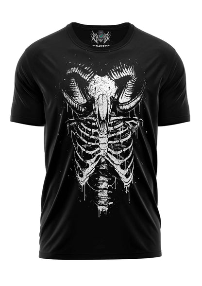Schwarzes T-Shirt mit weißem Skelett-Design, das Hörner und tropfende Knochen zeigt.