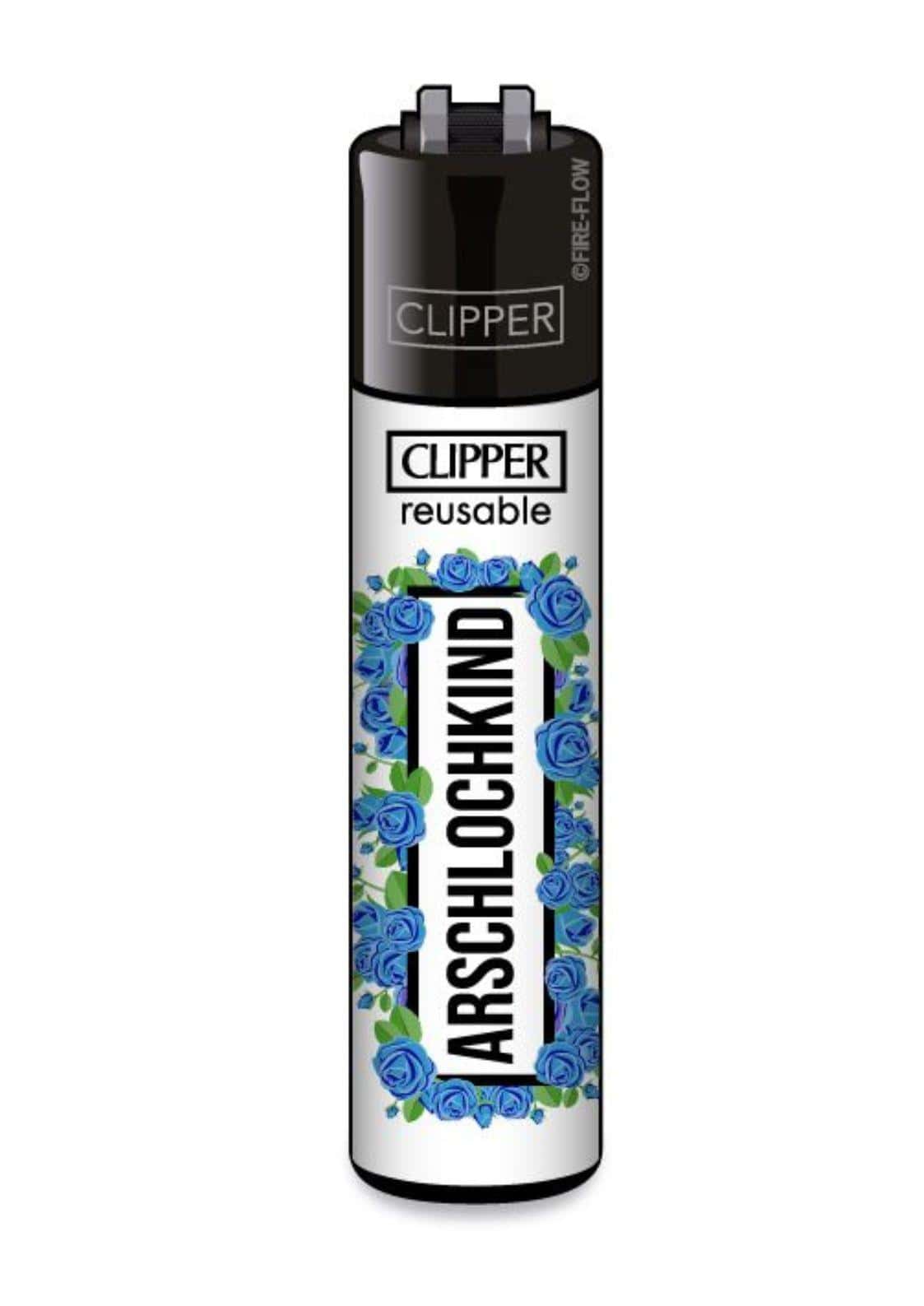 Ein schlankes schwarz-weißes Clipper-Wiederverwendungsfeuerzeug, verziert mit einem lebendigen blauen Rosenmuster um das Wort ‚Arschlochkind‘.
