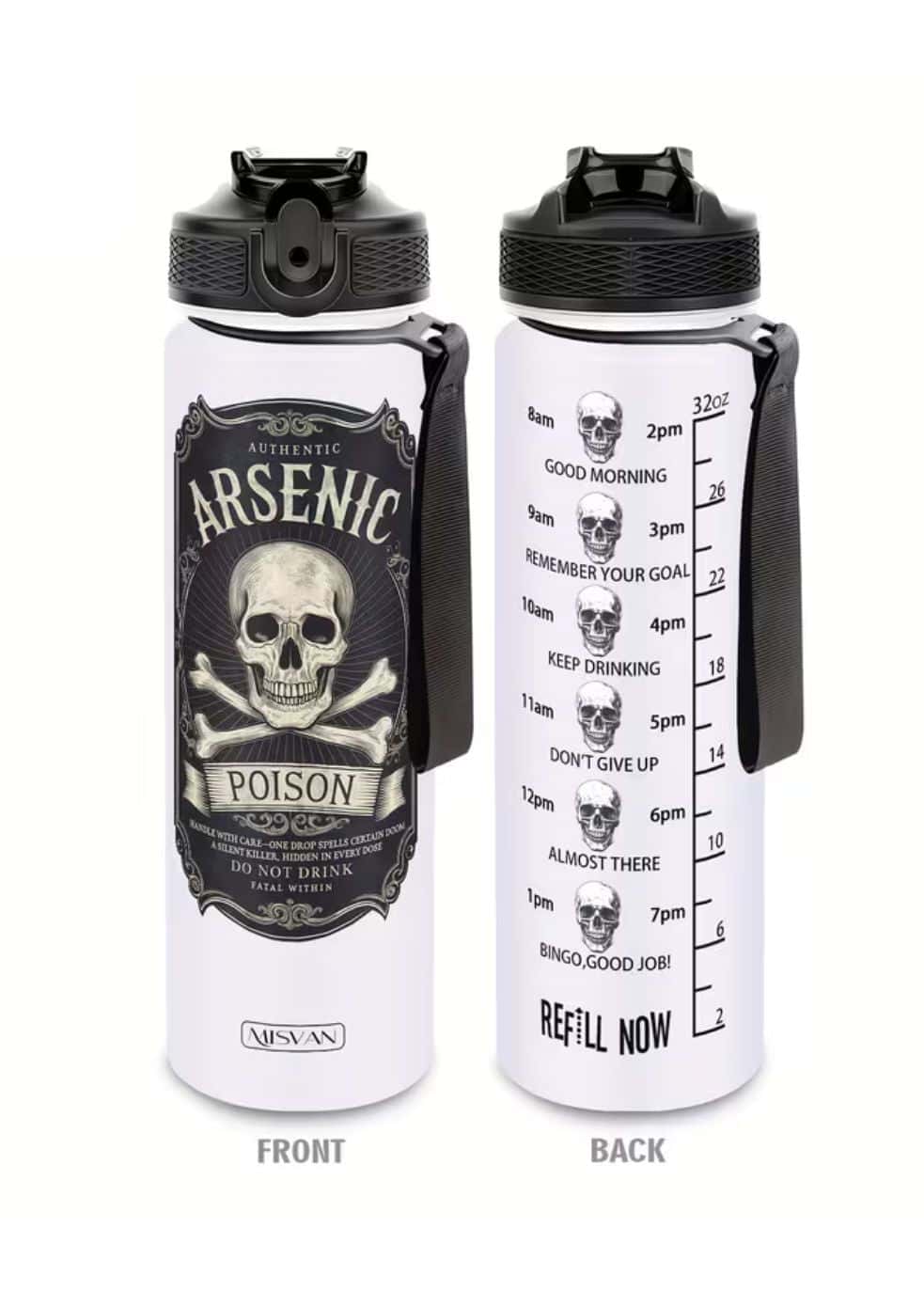 Weiße arsenic poison totenkopf flasche mit schwarzem skull design und maßeinteilung auf der rückseite