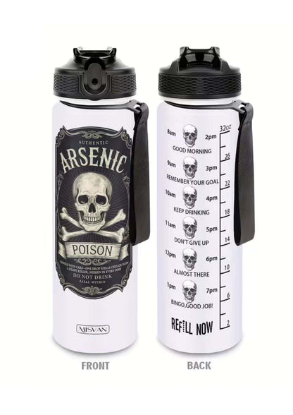 Weiße arsenic poison totenkopf flasche mit schwarzem skull design und maßeinteilung auf der rückseite