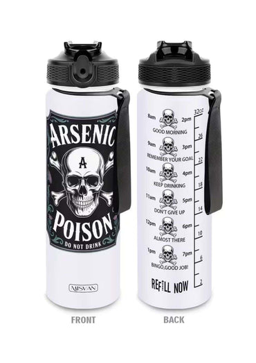 Weiße isolierte arsenic poison totenkopf wasserflasche mit schwarzem gift totenkopf und stundenweisen trinkerinnerungen auf der rückseite
