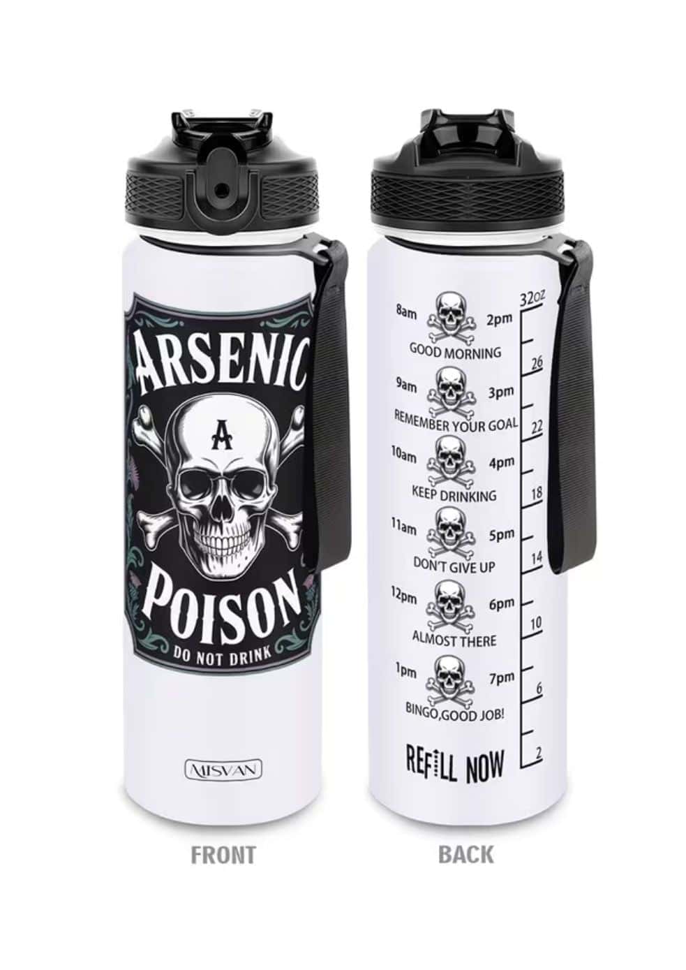 Weiße isolierte arsenic poison totenkopf wasserflasche mit schwarzem gift totenkopf und stundenweisen trinkerinnerungen auf der rückseite