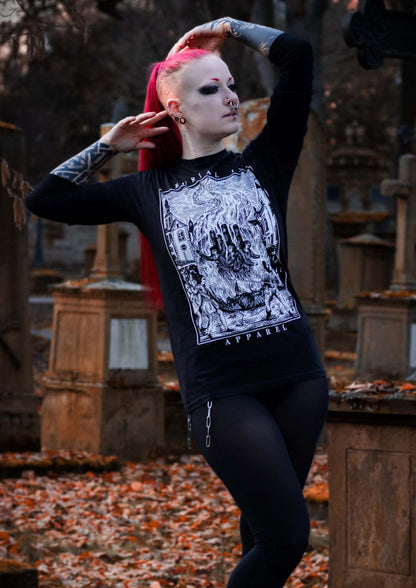Schwarzes Gothic-Metal-Langarm-Shirt mit weißer Linienkunst und Spiritual Apparel