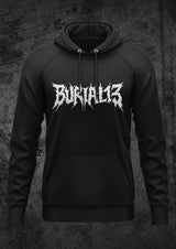 Schwarzes Kapuzensweatshirt mit weißem Text ’BURIAL13’’.