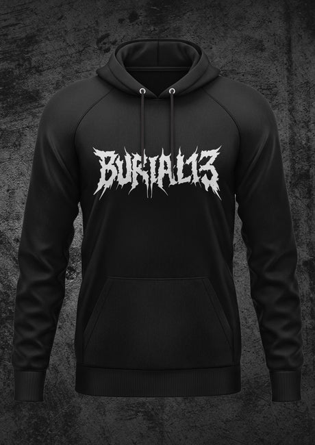 Schwarzes Kapuzensweatshirt mit weißem Text ’BURIAL13’’.
