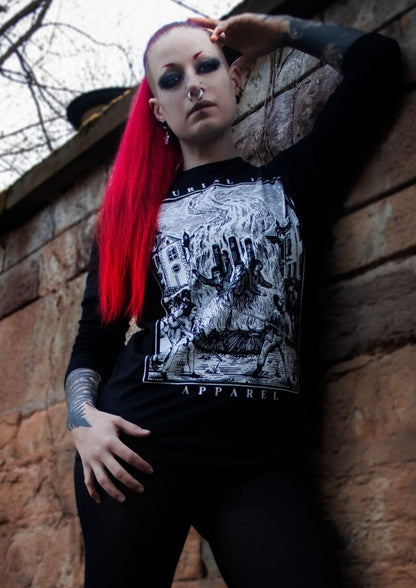 Schwarzes Gothic-Metal-Langarm-Shirt Ashes Burial 13 mit Burial Apparel Print