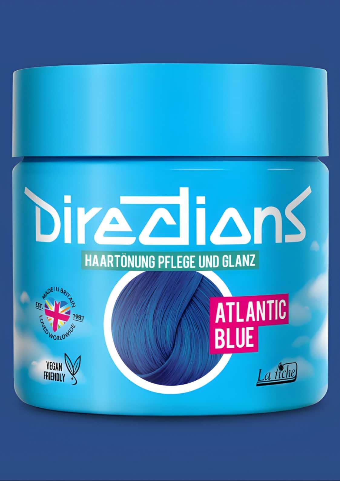 Ein leuchtend blauer zylinderförmiger container directions haartönung atlantic blue für blondiertes haar 100ml
