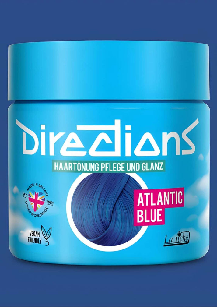 Ein leuchtend blauer zylinderförmiger container directions haartönung atlantic blue für blondiertes haar 100ml