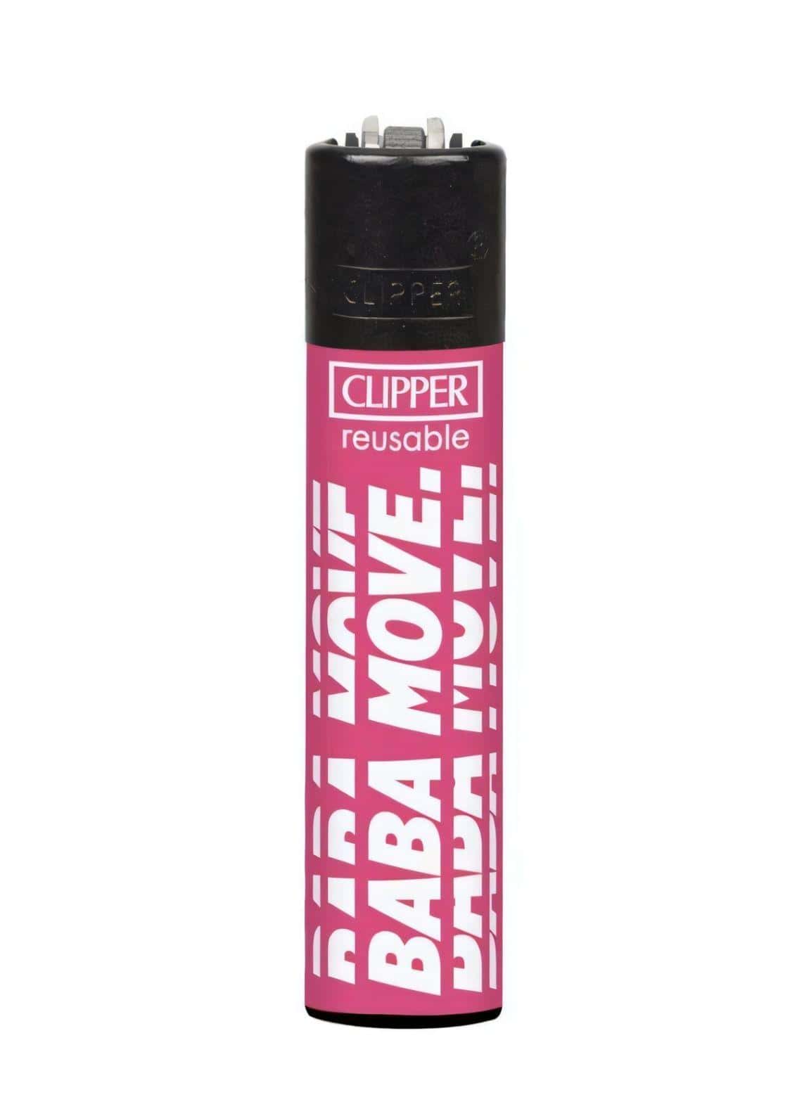 Ein pinker clipper feuerzeug mit weißem baba move schriftzug und schwarzem deckel für gothic und dark fashion fans